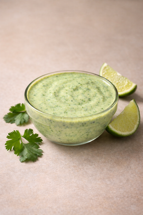 Spicy Coriander Sauce - A fresh and vibrant yogurt based sauce kissed with fresh coriander, herbs and spices. Bright, cooling, and crafted to balance bold Guleni™ flavours.