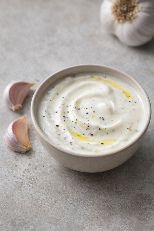 Garlic Sauce - A silky yogurt based garlic sauce layered with subtle warmth. Creamy, savoury, and irresistibly smooth.